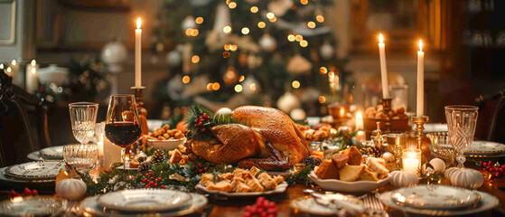 Joyful Christmas dinner with a beautifully set table featuring turkey, festive decorations, and a warm ambiance, captured in the evening