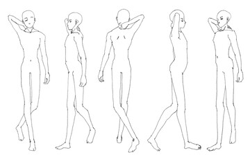 Stylized fashion male figure template, contour drawing for graphic design.