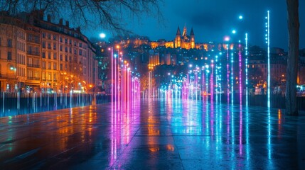 Fototapeta premium Lyon city illuminated by a night light festival, featuring grand light shows and artistic installations that turn the urban landscape into a radiant masterpiece.