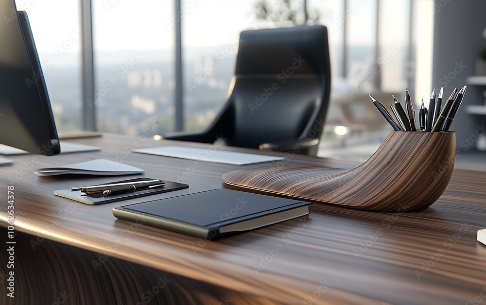 Poster a modern office desk setup featuring a computer, notebook, calculator, and pencil holder with a view