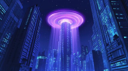 Futuristic Cityscape with UFO Landing