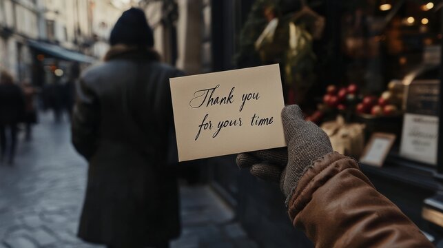 A person holds a handwritten note saying "Thank you for your time" while walking in a charming street with shop displays.