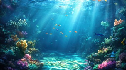 Fototapeta premium Underwater scene with colorful coral reef, fish, and sunlight