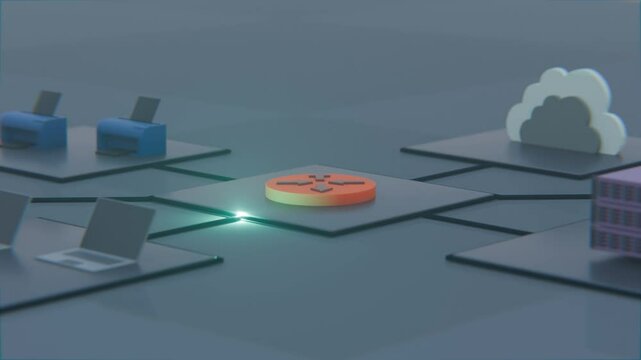 3d rendering routing between lan networks, animation showing packet routing to different networks 