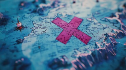 Naklejka premium Pink X Marking a Location on a Blue Map