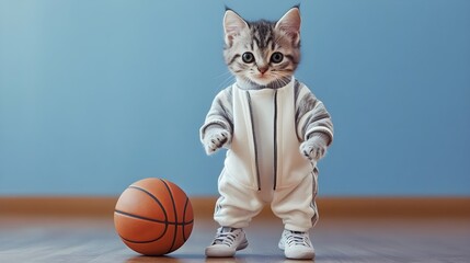 Anthropomorphic, American Shorthair kitten dressed in Tracksuit, basketball shoes, sophisticated outfit, Standing on both