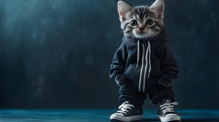 Obraz premium Anthropomorphic, American Shorthair kitten dressed in Tracksuit, basketball shoes, sophisticated outfit, Standing on both