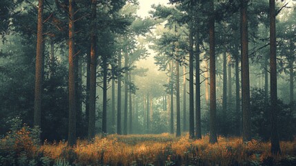 Naklejka premium Misty forest landscape with tall pine trees