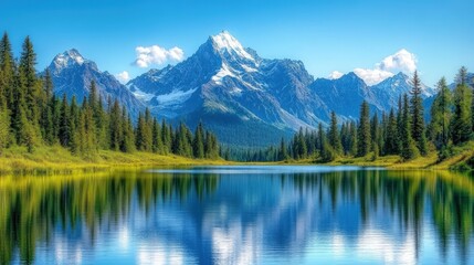 A serene mountain lake with clear water reflecting a snowy peak and a forest of evergreen trees.