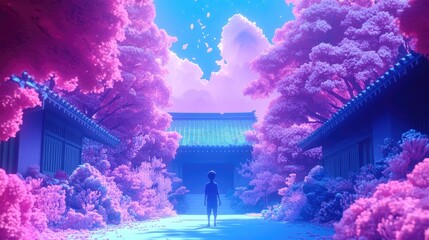 A lone figure stands amidst vibrant pink and blue trees and buildings