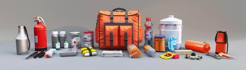 Create captivating 3D models of disaster preparedness kits, featuring essential supplies and equipment