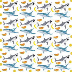 shark, whale with fruit as a pattern background