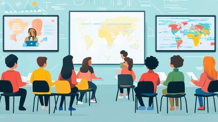 Classroom of diverse students listening to a lecture with a world map projected on a screen