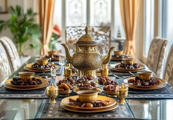 Fototapeta premium Arabic coffee service, with golden saucers and table setting with dates and dried fruits in small bowls around the teapot on top of a glass dining room table