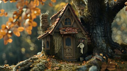 A tiny timber cottage with a lanyard and key tucked beneath an oak tree