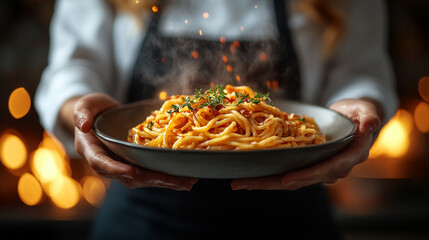 female chef's hand delicately placing a garnish on a dish, highlighting precision and artistry in food presentation. The image symbolizes creativity, care, and passion in culinary craftsmanship