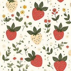 Seamless pattern with cute Strawberry and flower illustrations,a simple design for baby room decor and nursery decoration.Strawberry illustrations for nursery decor