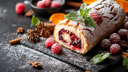 meringue roll presented on a clean white plate, showcasing its light, airy texture with swirls of cream. The dessert embodies indulgence and elegance, representing sweet treats and culinary artistry