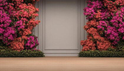 Vibrant bougainvillea flowers in pink and purple shades adorn a neutral wall, creating a stunning backdrop, perfect for events, photography, or artistic presentations.