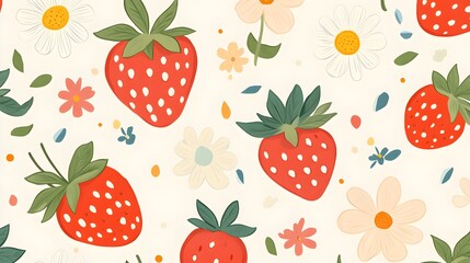Seamless pattern with cute Strawberry and flower illustrations,a simple design for baby room decor and nursery decoration.Strawberry illustrations for nursery decor