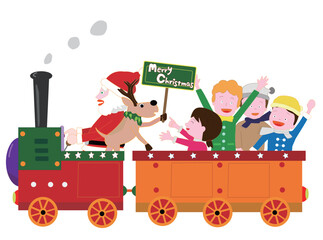 蒸気機関車に乗ってクリスマスを楽しんでいるサンタクロースとトナカイ。