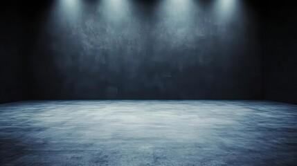 A dimly lit studio with a polished concrete floor and dramatic spotlights shining down, creating a moody atmosphere perfect for photography or filming.