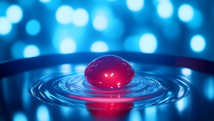 A vibrant red droplet sits gracefully on a pool of water, creating ripples that echo outward. The serene scene is enhanced by a dreamy blue bokeh background, blending natural beauty with a calming