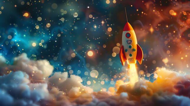 A toy rocket is gently nudged by a sloth in a starry sky - Powered by Adobe