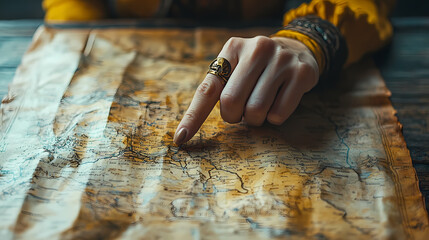 Close up of a woman's hand pointing a place on a map
