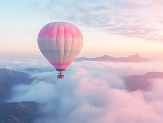 Naklejka premium A colorful hot air balloon floats above soft clouds, with stunning mountains in the distance, capturing the serene beauty of early morning.