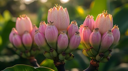 Close-up of pink banana blossoms with blurred background of green leaves.