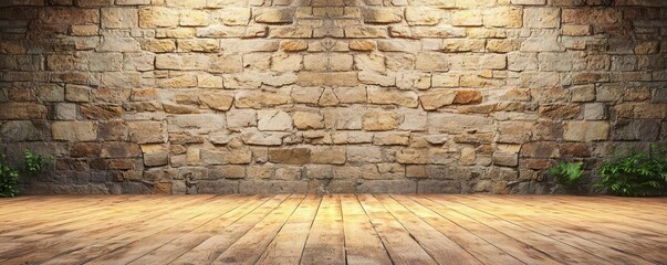 A spacious interior with a rustic stone wall illuminated by soft lights. The warm wooden floor complements the textured background, enhancing the inviting atmosphere of the space.
