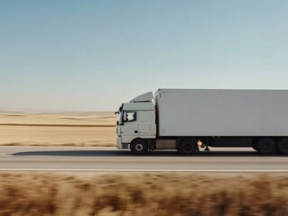 A white truck on a highway speeding through an open landscape under a clear blue sky, symbolizing transport and logistics.