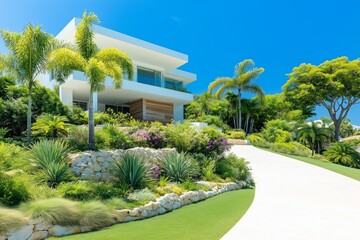 Modern villa with lush greenery and palm trees
