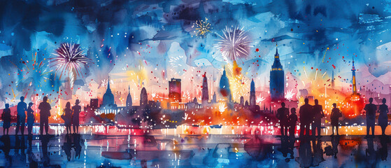 Fototapeta premium Colorful fireworks illuminate the London skyline as spectators gather to celebrate during New Year’s Eve festivities at dusk