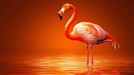 Fototapeta premium A vibrant flamingo standing gracefully in shimmering water under a warm orange backdrop.