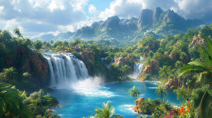 Fototapeta premium majestic waterfall cascades down rugged cliffs, creating a mist that fills the air, surrounded by lush greenery. The powerful force of nature symbolizes strength, renewal, and the beauty of raw natura