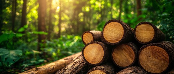Close-up of stacked logs in a serene forest, with sunlight filtering through the trees, highlighting the textures and colors of the wood.