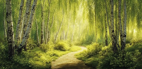 Obraz premium A serene birch forest with weeping willows, lush greenery, and sunlight filtering through the leaves
