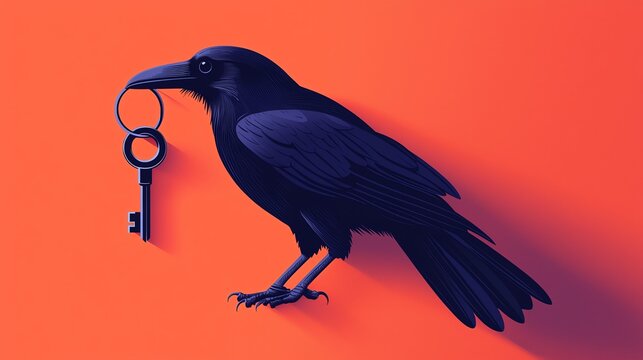 A raven holding a key against a vibrant orange background, symbolizing mystery and secrets.