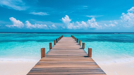 Obraz premium A serene wooden pier extending into crystal-clear turquoise waters, under a bright blue sky with fluffy white clouds, ideal for relaxation and escape.