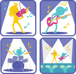 A set of four icons depicting a woman playing violin, a man playing an electric guitar, a man playing drum, and a man as a guitarist and a woman as a vocalist performing concert in front of the crowd