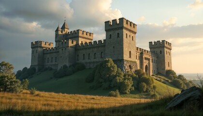Medieval Castle on a Hill Surrounded by Lush Green Fields and Dramatic Sky, Showcasing Ancient Architecture and Historical Charm. 