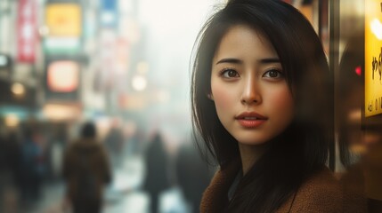 Fototapeta premium Young Woman in a Bustling City Street, Soft Focus Background