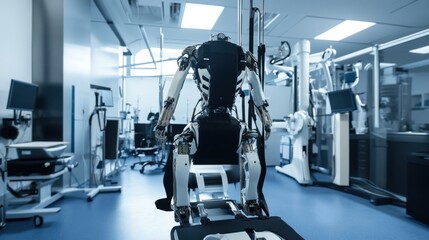 An advanced rehabilitation center using robotic exoskeletons to assist patients with physical therapy, Medical robotics style, photo of