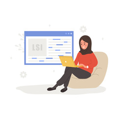 Lsi keyword. Latent Semantic Indexing. Key phrases generator. Vector illustration in flat cartoon style. Arabian female character with laptop is engaged in Web analysis and word search optimization.