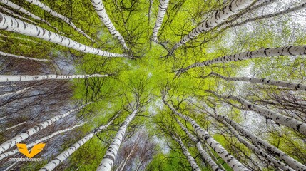 Obraz premium A vibrant view of birch trees and lush green foliage from below, showcasing nature's beauty.