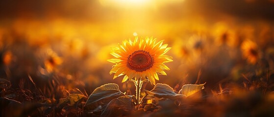 A vibrant sunflower stands tall in a golden field, basking in warm sunlight, surrounded by other sunflowers, evoking feelings of joy and serenity.