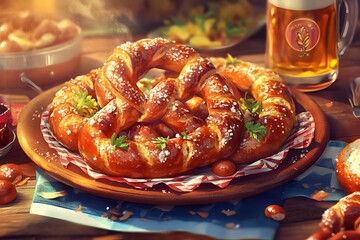 A styled plate of golden pretzels and sizzling bratwurst.