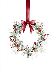 Obraz premium Christmas wreaths. Watercolor painting. Merry Christmas.ribbon